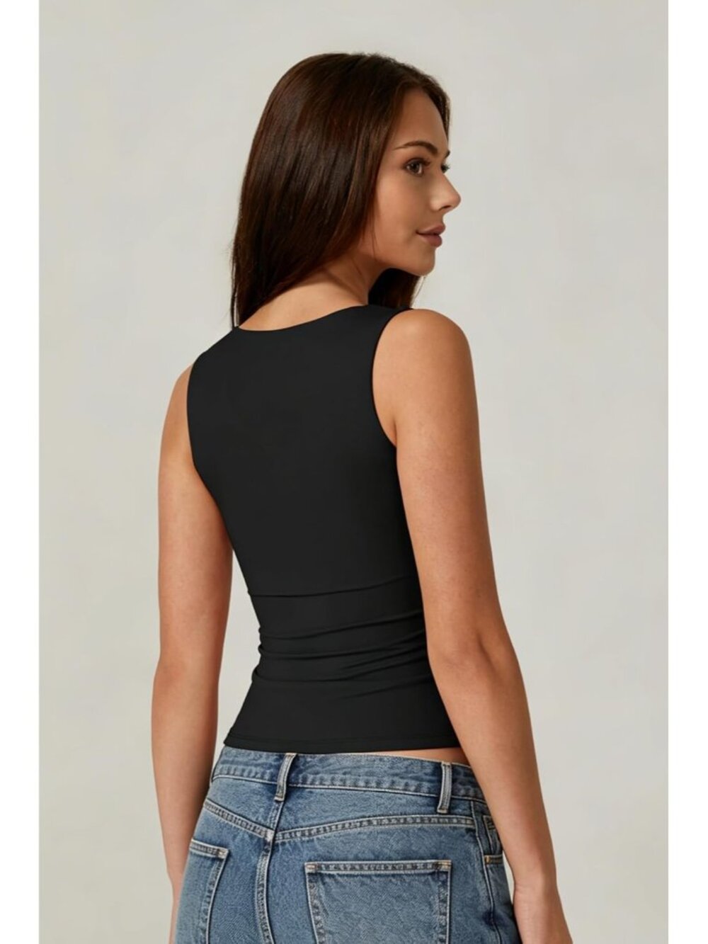 〽️Women's Black Sleeveless Square Neck Double Layer Fitted Stretch Basic Top! - Picture 5 of 6